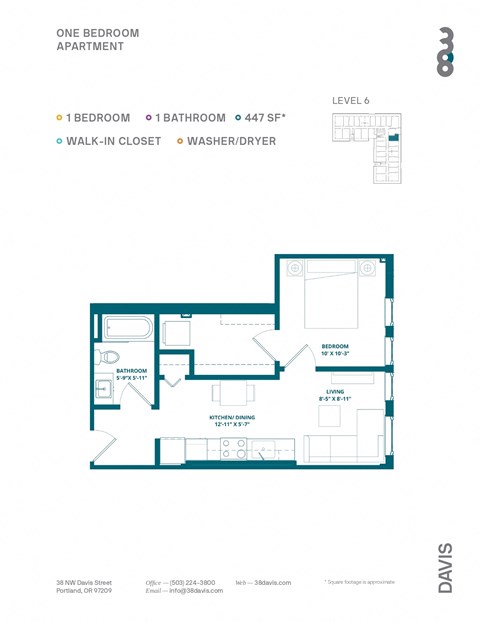 Floor plan for 1 bed, 1 bath, 513 sqft